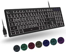 Backlit Large Print Keyboard Light-Up USB for Elderly 7 Color Oversized Keys