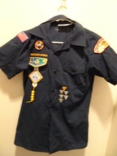 BOY SCOUT SHIRT Youth Medium BUNDLE Patches Beads Scarves Clasp Belt Medals Pins