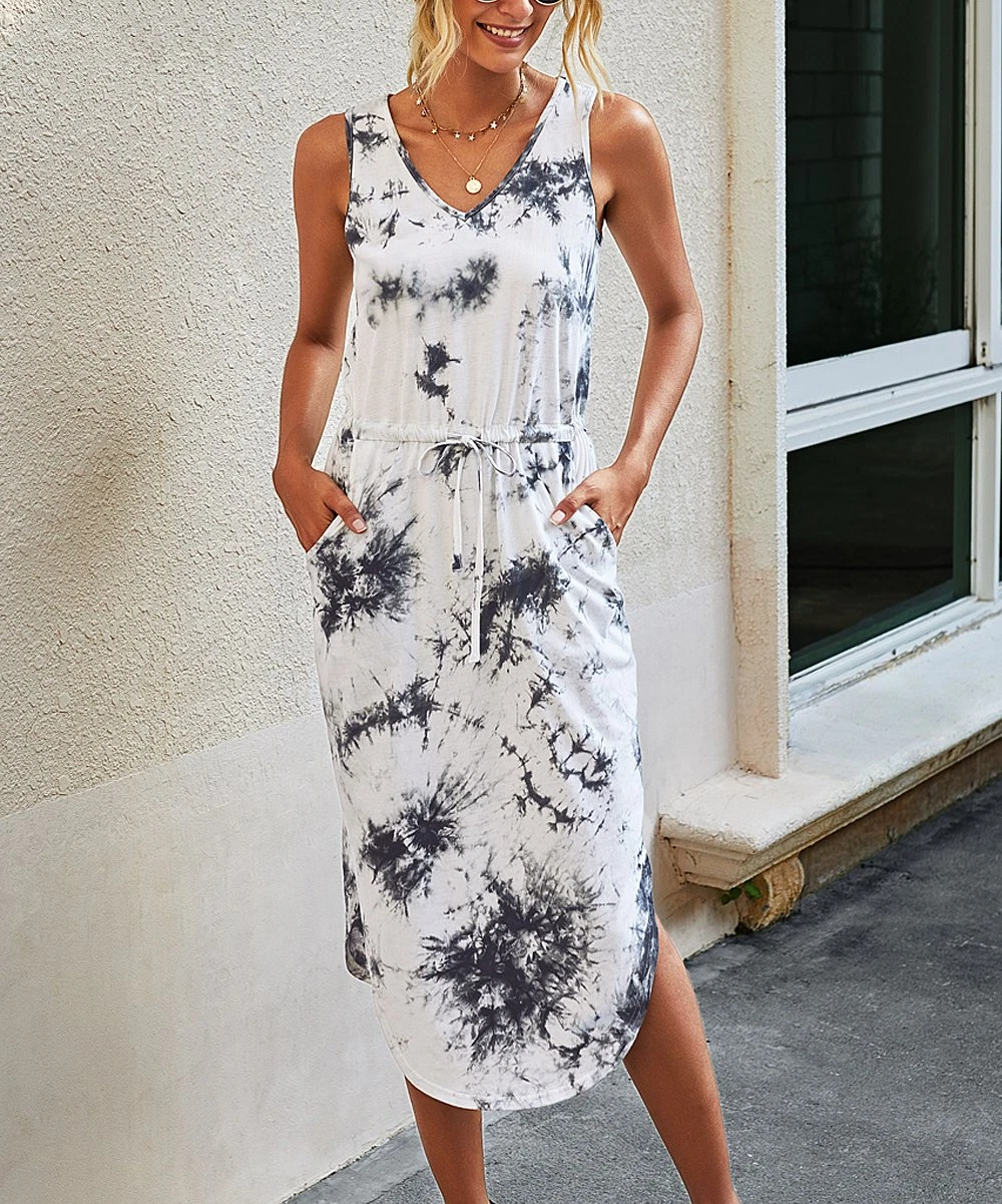 Robe midi sans manches noir et blanc tie dye ourlet incurvé Supreme Fashion taille L