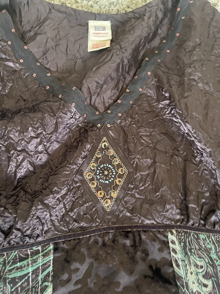 2000s/Y2K 3X-4X Desteñido Gloria Mujer Marrón/Verde Cuentas, Multi-Tela, Top Boho Foto 4 de 4