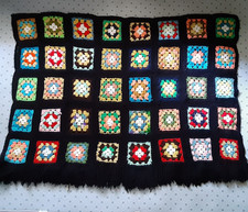 Vintage Granny Square Afghan Crochet Throw Blanket w/ Fringe 66" x 49" Roseann