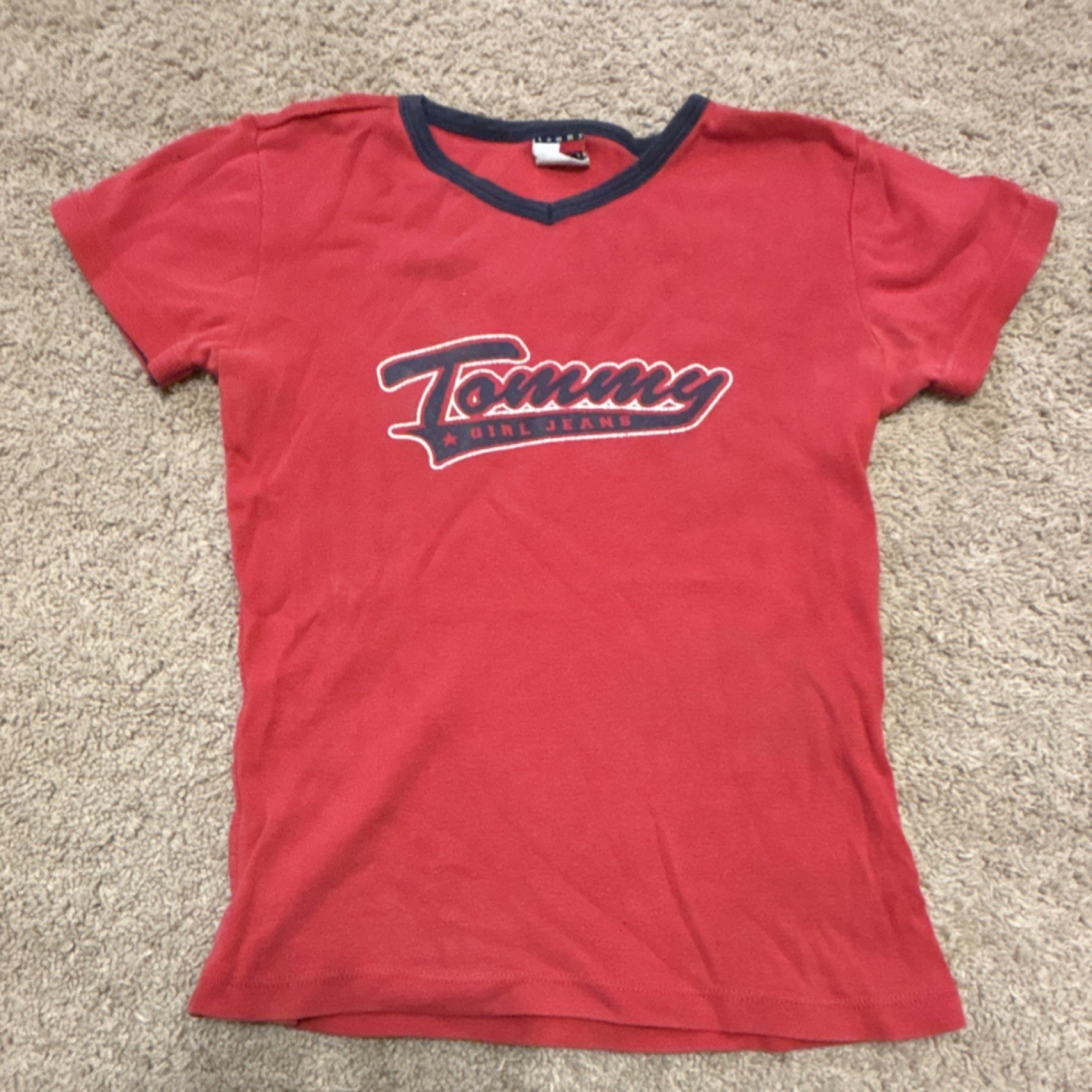 Tommy Jeans Girls Red V Neck Short Sleeve T-Shirt Size S Logo Casual