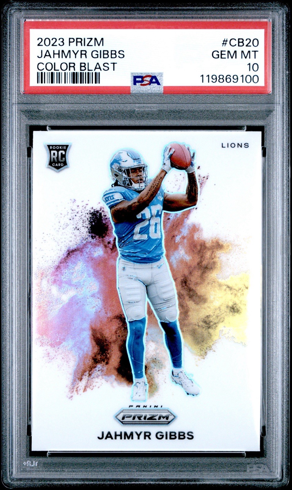 2023 PANINI PRIZM JAHMYR GIBBS #CB20 COLOR BLAST ROOKIE PSA 10