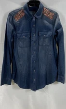Sonoma Blue Beaded Shoulder Western Denim Button Up Shirt Womens Size M