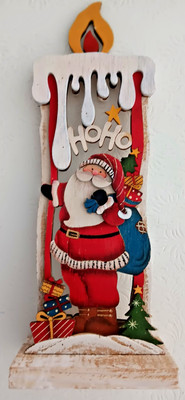 NEW  3D  Christmas Santa Decor Wood Candle Cutout Hand Painted Santa Scene  11 H