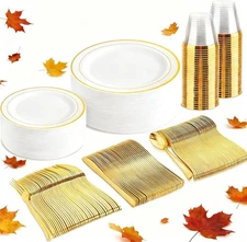 Elegant 150PCS Gold Plastic Party Dinnerware Set Plates Cups Cutlery