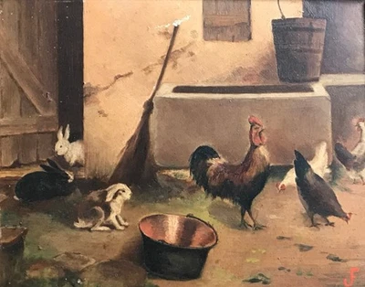 Tableau HSP - Scène de BASSE COUR - Signé -XIXème- PAINTING OF A FARM SCENE - Photo 1/4