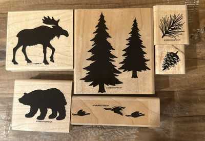 Lot of 6 Stampin up Rubber Stamps Alaska Vibes Moose Bear Geese Pine Cone Fir