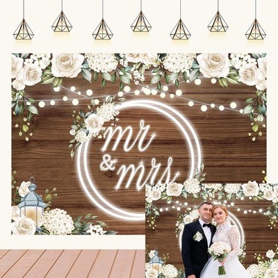Mr & Mrs Wedding Backdrop Banner White Rose Floral Wooden Wall Glitter Lights