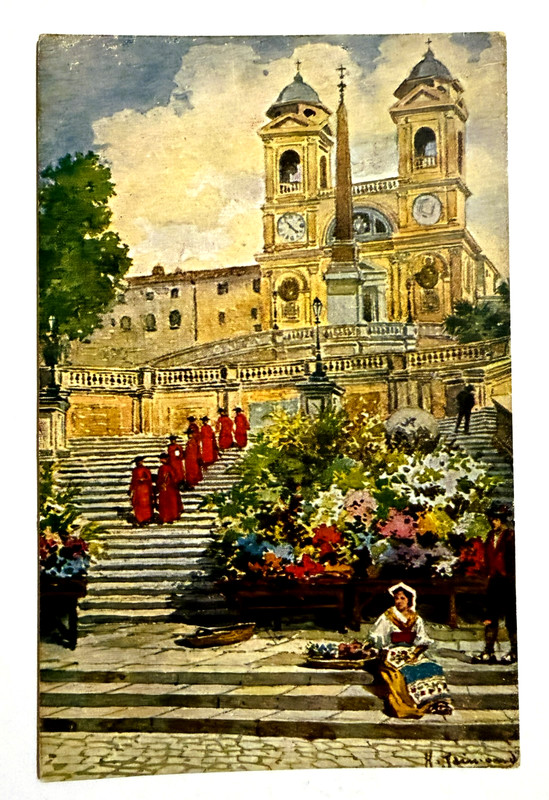 VTG POSTCARD ROME art print SPANISH STEPS TRINITY O MOUNTAINS Church 2576-4 POST