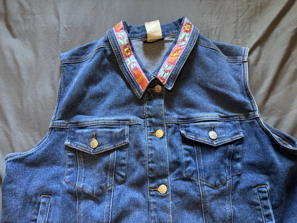 Chaleco Jean Vintage Denim & Co Mujer 1X Azul Azteca Geométrico Borde Bolsillos Vaquera Foto 4 de 4