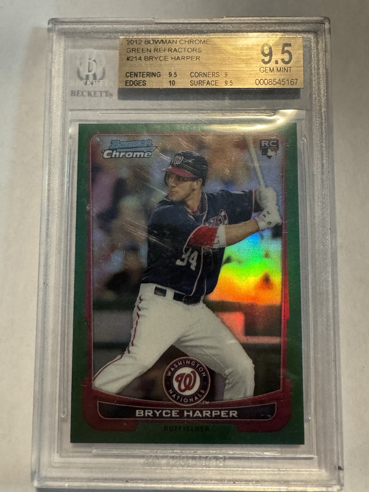 2012 Bowman Chrome Bryce Harper 214 Green Refractor BGS 9.5 RC Rookie SP GemMint