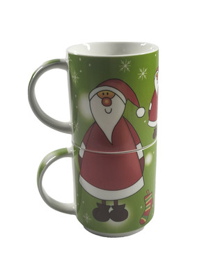 Maxwell & Williams Santa Stacking Mugs Set of 2 Kris Kringle Green Snowflake