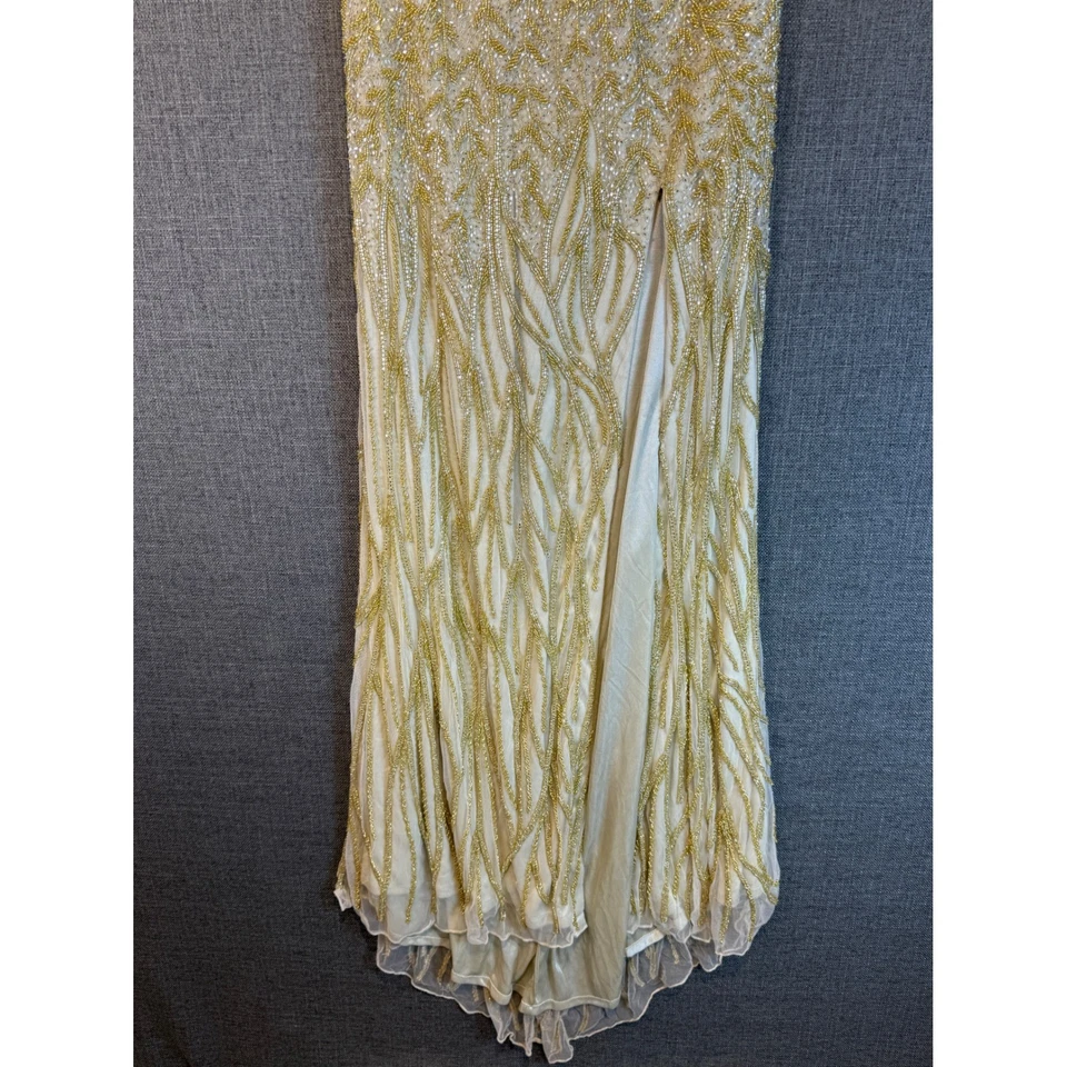 Primavera Beaded Gown Gold Leaf Art Deco High Slit Evening Formal Dress Size 10 - Image 4 of 4
