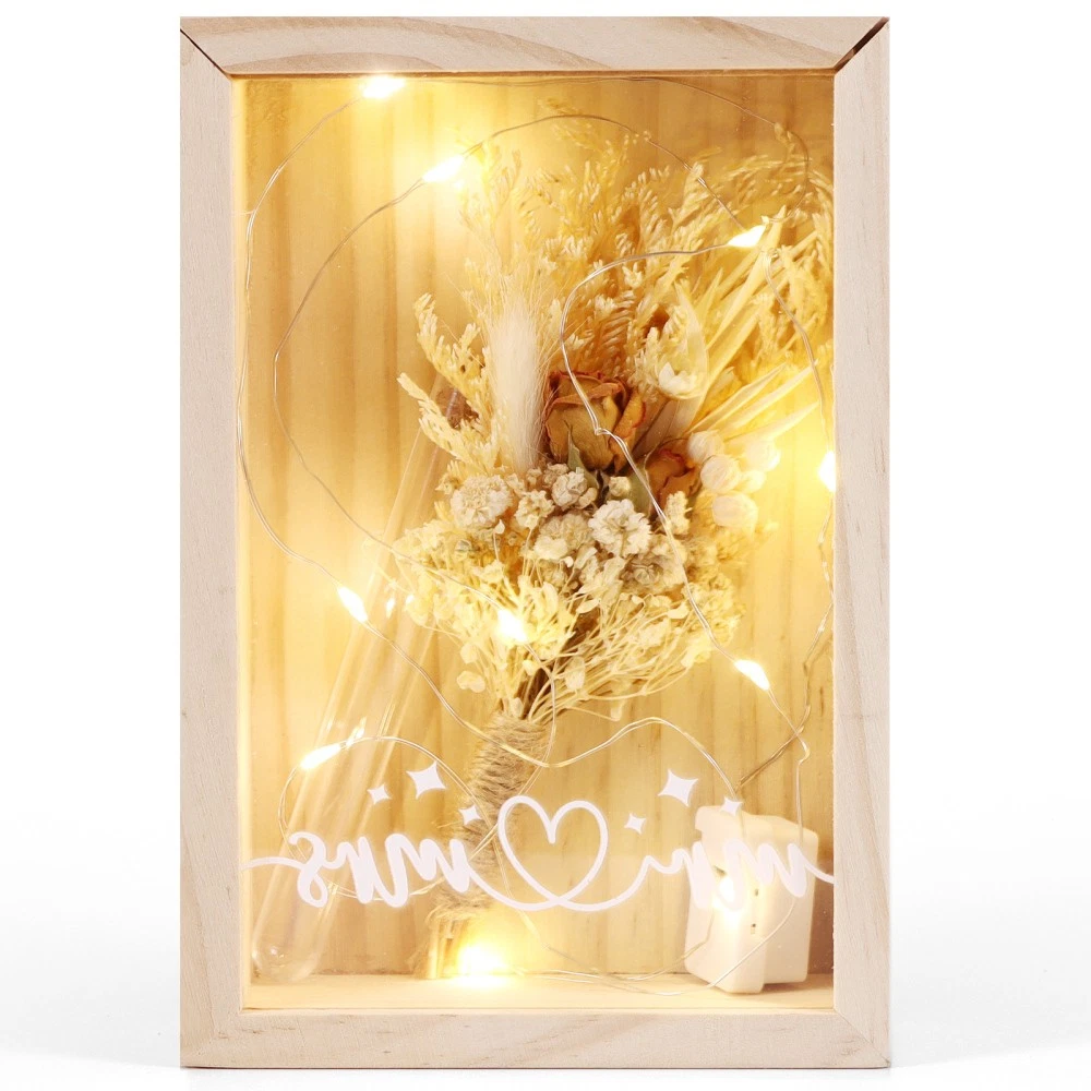 Hochzeit Muttertag Geburtstagsgeschenk Trockenblumenstrauß Massivholzbox mit LED