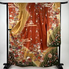 JAPANESE KIMONO FURISODE OCHRE 162cm 5 ft 4 in PURE SILK FF12173