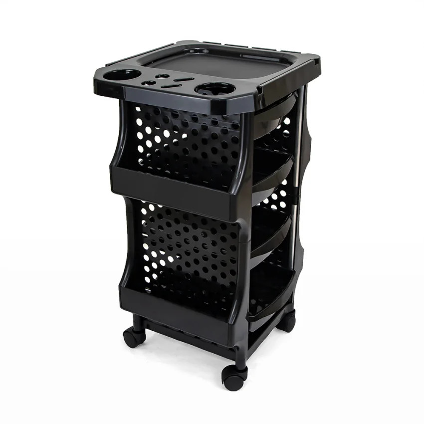 Chariot de coiffure Curly noir à roulettes avec 4 plateaux