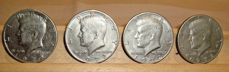 Lot of (4) 1972 D John Kennedy U.S. Half Dollar Coins, Circulated
