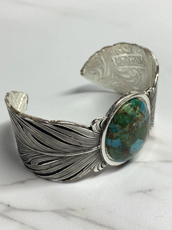 PULSERA BRAZALETE PLUMAS TURQUESA CON VOLANTES MONTANA PLATEROS SANTA FE Foto 4 de 4