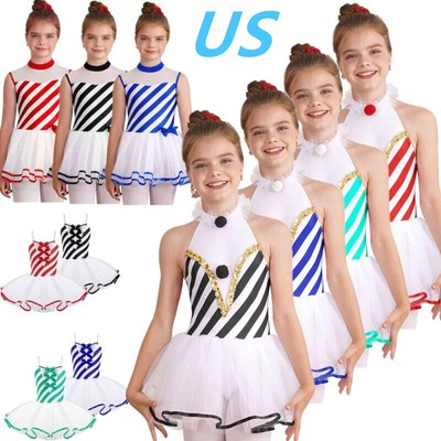 US Kids Girls Candy Cane Striped Tutu Dress Ice Skating Dancing Leotard Dress