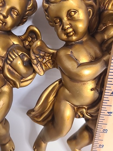 Homco Gold Cherub Angels 1120 Gold Tone Vintage Set Of Two Wall Hangings MCM - Picture 10 of 10