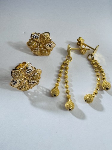 NEW 21K 875 Real Gold Flower Earring & 22K Beads Balls Earring 6.3g Set of Two - Picture 5 of 20
