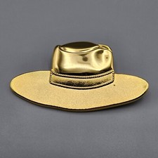 Vintage Stetson Fedora Hat Brooch Large Gold Tone Western Cowboy Glossy Textured