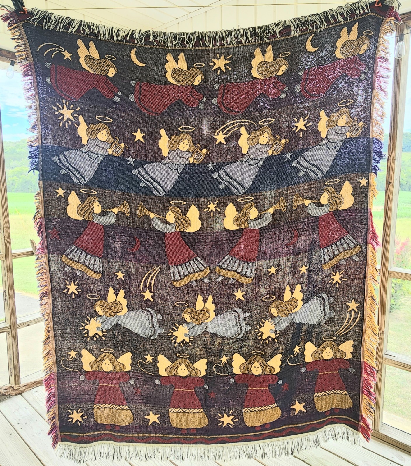 Vintage Crown Crafts Angel Christmas Throw Blanket Fringed Afghan Cotton 48"x63"