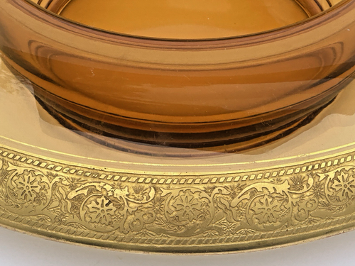 Vintage Cambridge Amber Glass Console 10" Bowl Encrusted Gold Rolled Rim - Picture 2 of 6