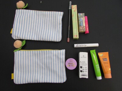 2 Bags April 2024 Ipsy Glam Makeup Bag, Blue White Canvas Peach W/ Makeup shown