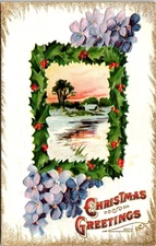 Postcard Christmas Greetings Holly Village Embossed B194