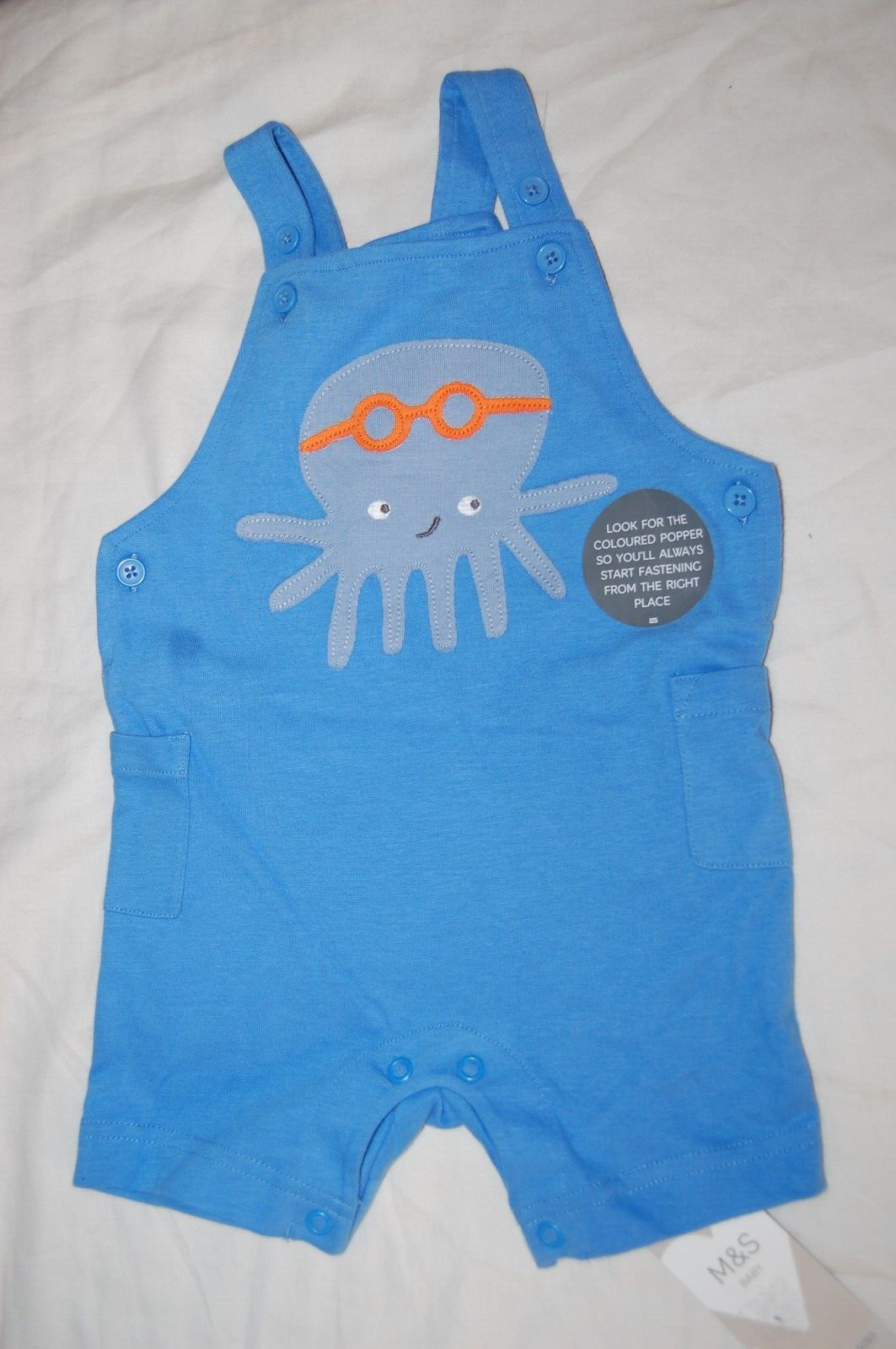M&S Blue Shortie Dungarees Octopus On Front 100% Cotton Age 3-6 Months BNWT