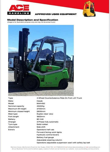 AH1592 Cesab MAK450 4500kg Electric Forklift Buy-£18995 HP-£97.90 Hire-£119.99pw