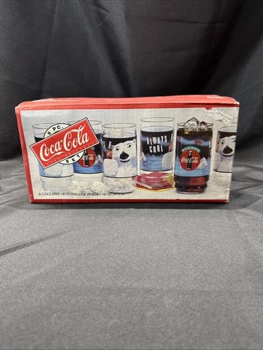 NOS Vintage Set of 8 Indiana Glass Coca Cola Coke Polar Bear 16 oz 1995