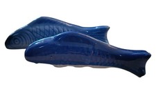 2 Vintage Koi Fish Blue White Porcelain Chopsticks Rests Knife Holders 3” Japan