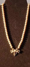 Vintage Faux Pearl  Rhinestone Bow Pendant Choker Necklace 16-in Elegant Look