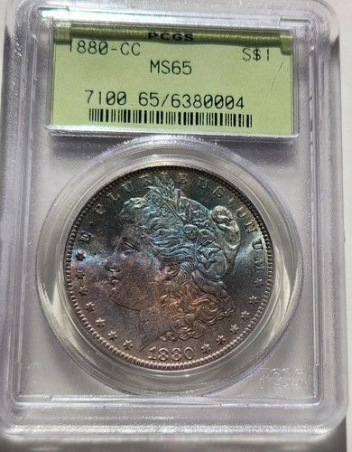 1880-CC 8/high 7 Morgan Silver Dollar PCGS MS-65, Blue Toning Toned