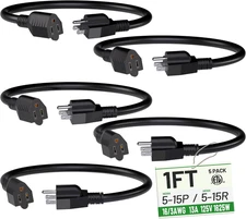 Short Extension Cord 1 Foot Black 5 Pack, 16/3 Gauge Indoor Power Extension Cabl