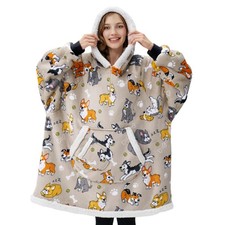 Wearable Blanket Hoodie for Adults Teens, Cozy Sherpa Fleece, Grey Dog