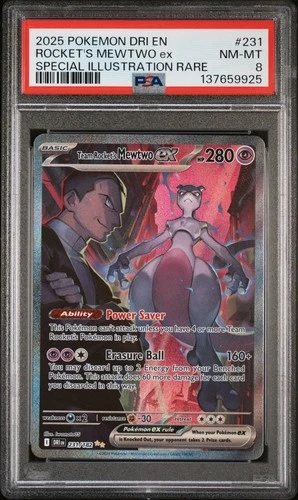 2025 POKEMON DRI EN-DESTINED RIVALS #231 TEAM ROCKET'S MEWTWO EX PSA 8