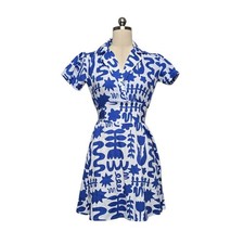 Nooworks Blue White Abstract Floral Smocked Mini Dress Size XS NWT Made in USA