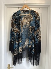 New Women’s QED London Teal Kimono Jacket Cover Up size L Boho Fringed 
