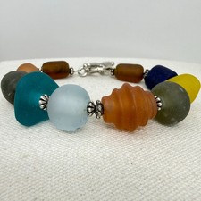 Sea Glass Bead Bracelet Colorful Silver Tone Toggle Clasp Boho Artsy Yellow