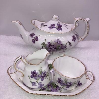 Hammersley Victorian Violets Tea Pot Sugar Bowl Creamer  Plate Unused Mint