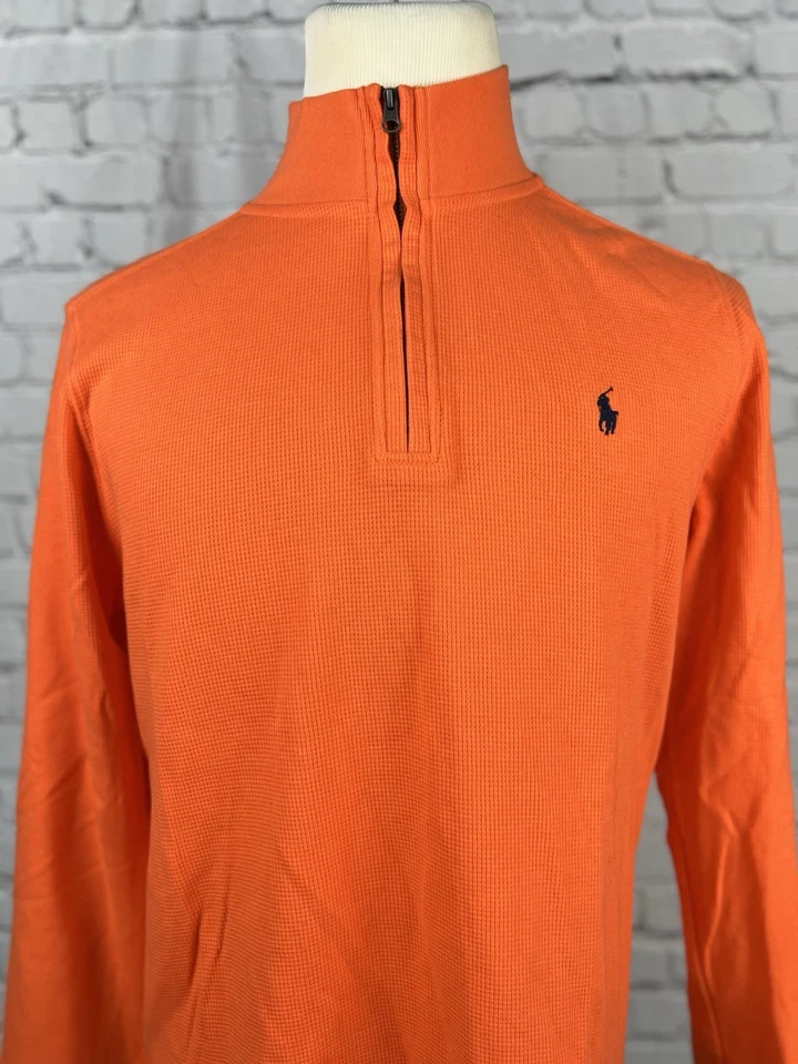 Suéter Polo Ralph Lauren 1/4 Cremallera Tejido Hombres XL 18-20 Naranja 100% Algodón Logo Foto 3 de 4