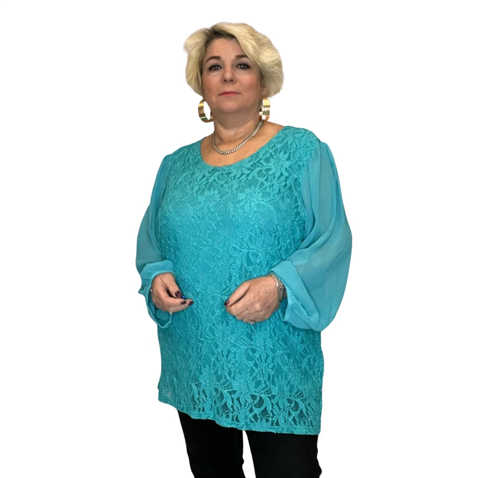 ROCKTHOSECURVES WOMENS BLOUSE LUXURY LACE WITH CHIFFON SLEEVE PARTY EVENING TOP - Image 2 of 4