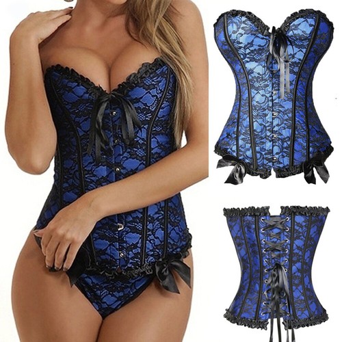 Women Lace-Up Boned Bustier Corset Overbust Burlesque Top Lingerie Waist Cincher - Picture 10 of 34