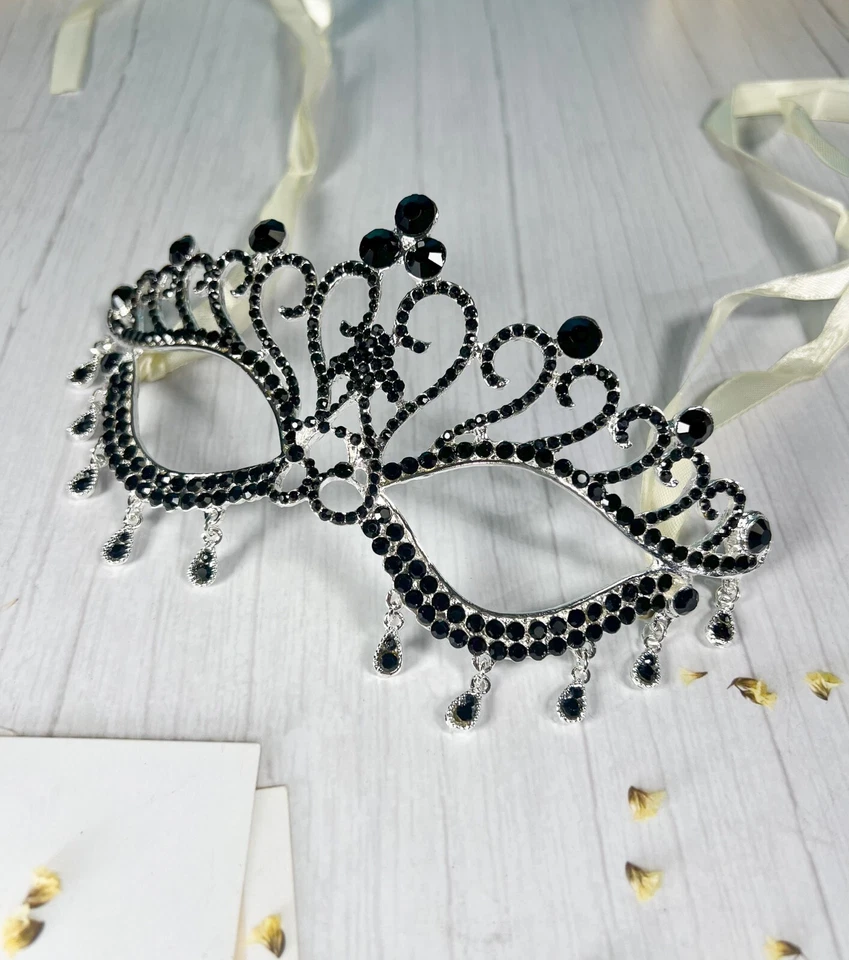 Masquerade Black Crystal Mask, Mardi Gras Silver Mask, Black Teardrop Party Mask - Image 2 of 3