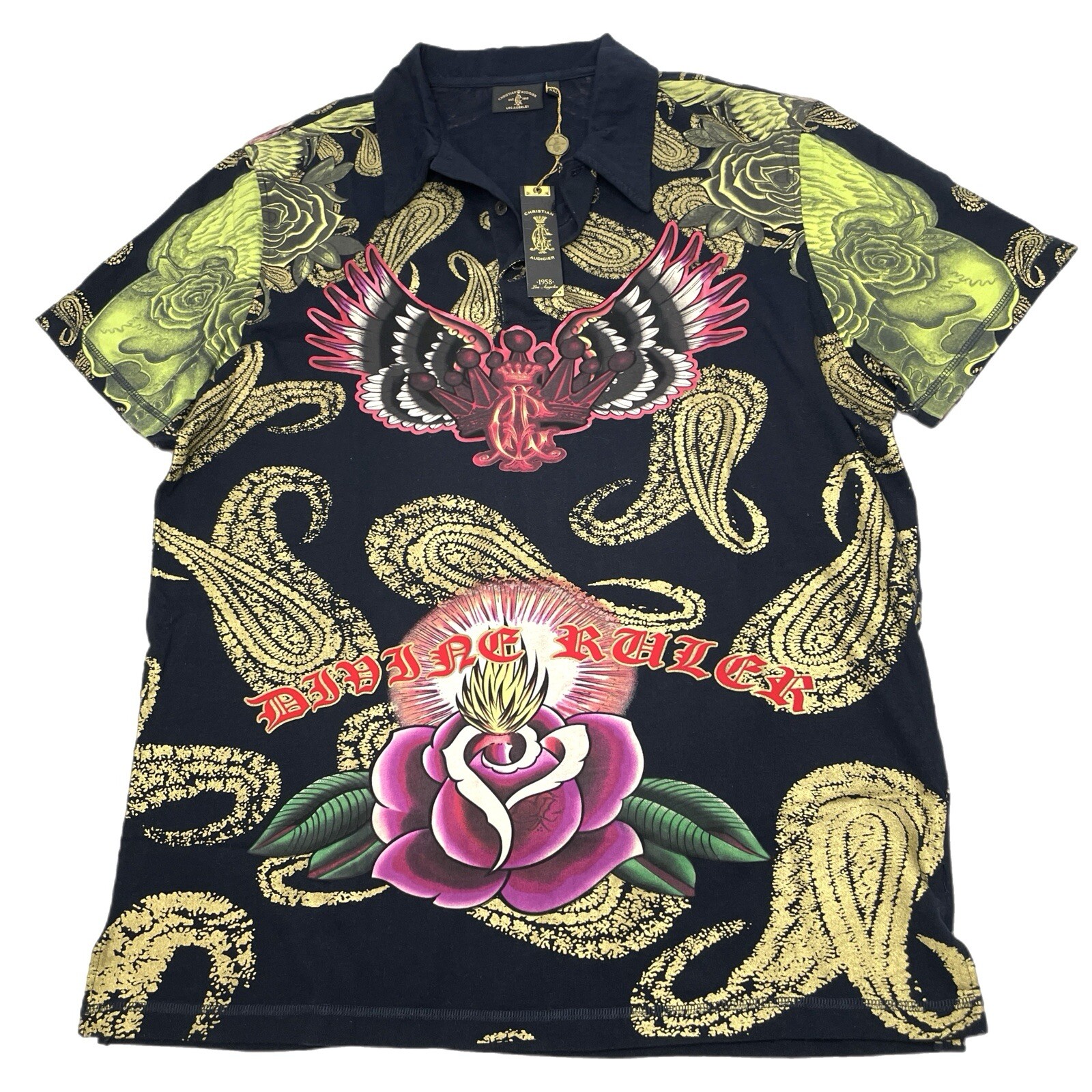 Christian Audigier Los Angeles Divine Ruler Polo  Shirt Black Graphic Print XXL image 3