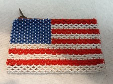 VINTAGE BEADED ZIPPERED COIN PURSE AMERICAN FLAG SILK LINED